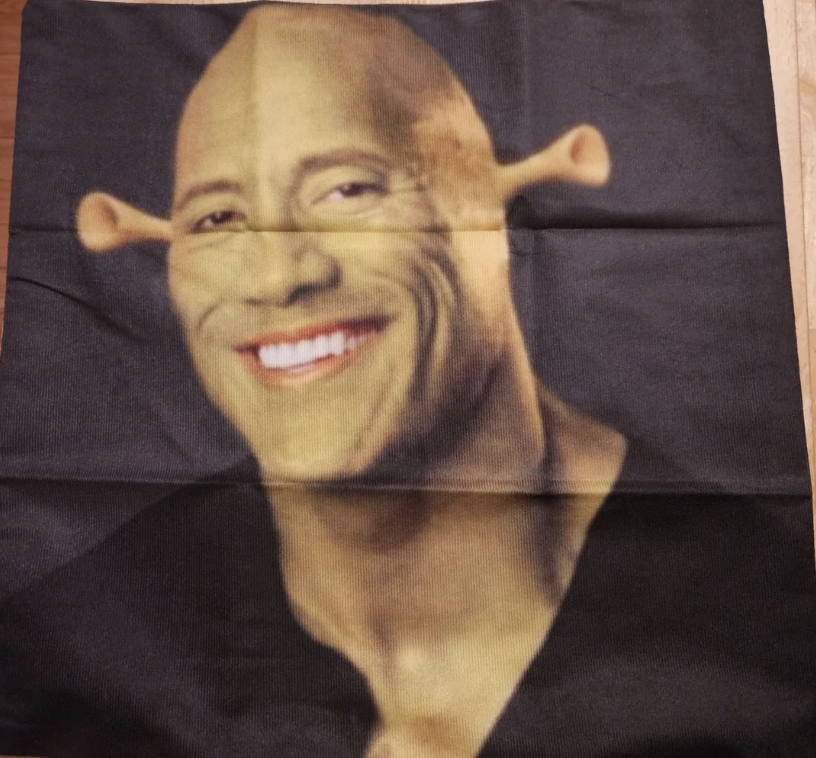 Dwayne "The Rock" Johnson with Shrek's green ogre ears and skin, smiling broadly. The image appears on a cloth