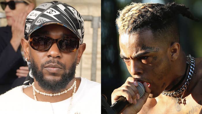 Kendrick Lamar wearing stylish clothing with sunglasses, and XXXTentacion performing shirtless with tattoos on his face and neck