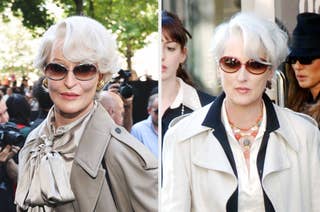 Two images show a person with short white hair and sunglasses dressed in elegant trench coats and scarves