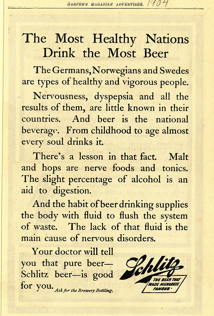 titled "The Most Healthy Nations Drink the Most Beer" from Harper's Magazine, 1907, promoting Schlitz beer as a healthy choice for its supposed digestive benefits