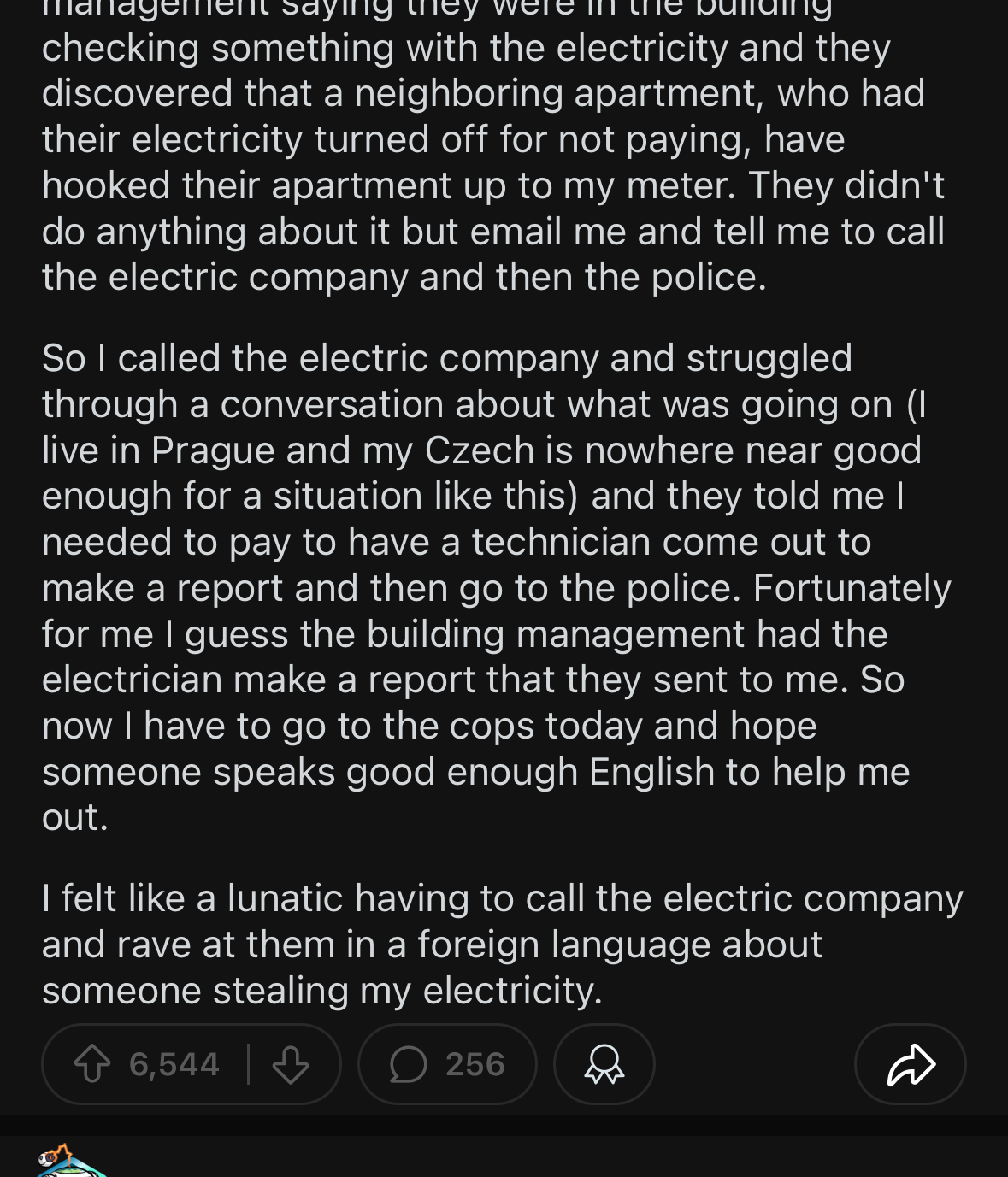 Reddit post titled &quot;My neighbors are stealing my electricity&quot; describes a situation where the poster&#x27;s apartment building was found stealing electricity. The comments include someone offering help in Czech and another expressing appreciation