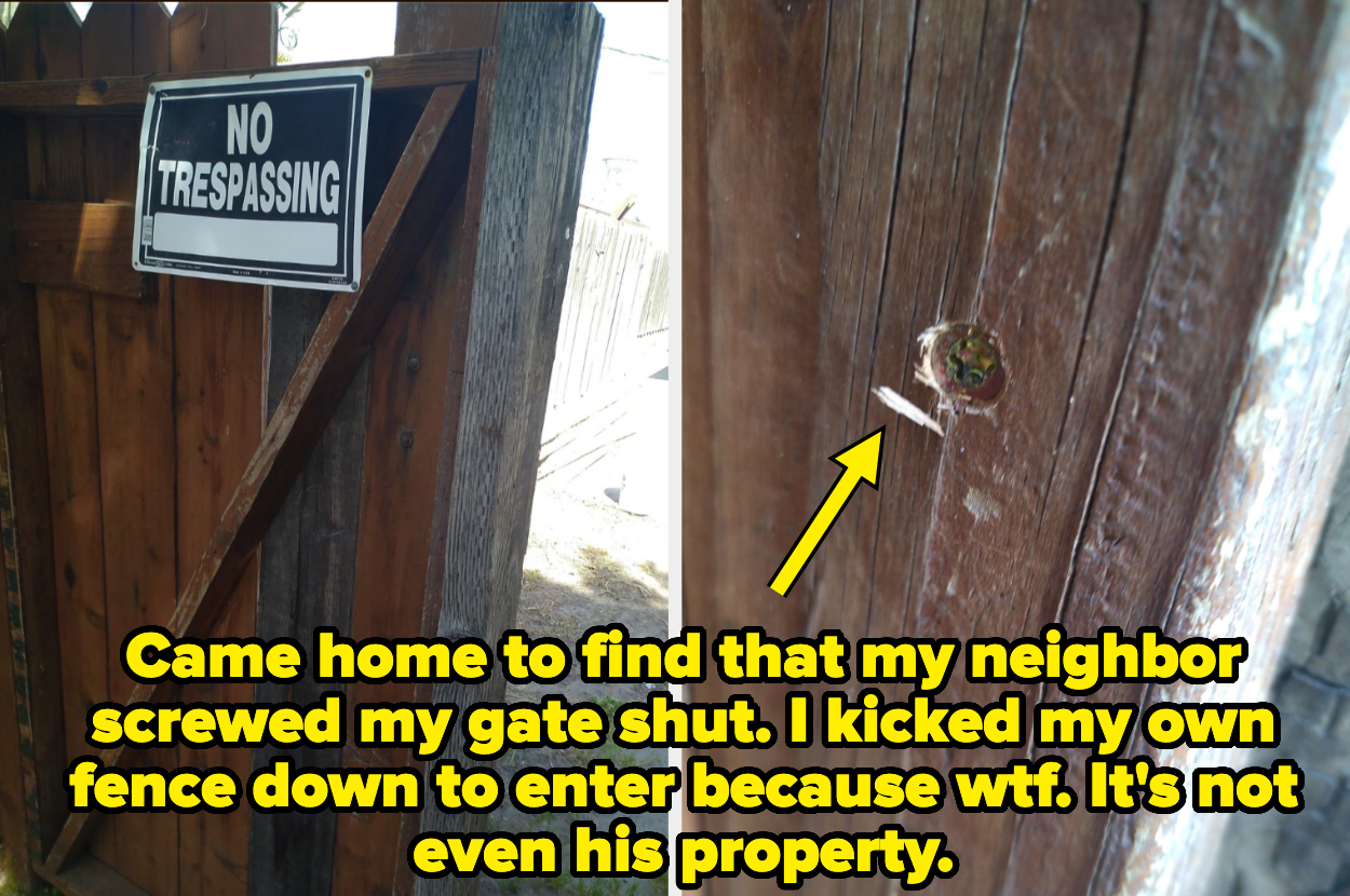 A &quot;No Trespassing&quot; sign on a fence with a neighboring lock. Text: &quot;Came home to find that my neighbor screwed my gate shut. I kicked my own fence down to enter because wtf. It&#x27;s not even his property.&quot;