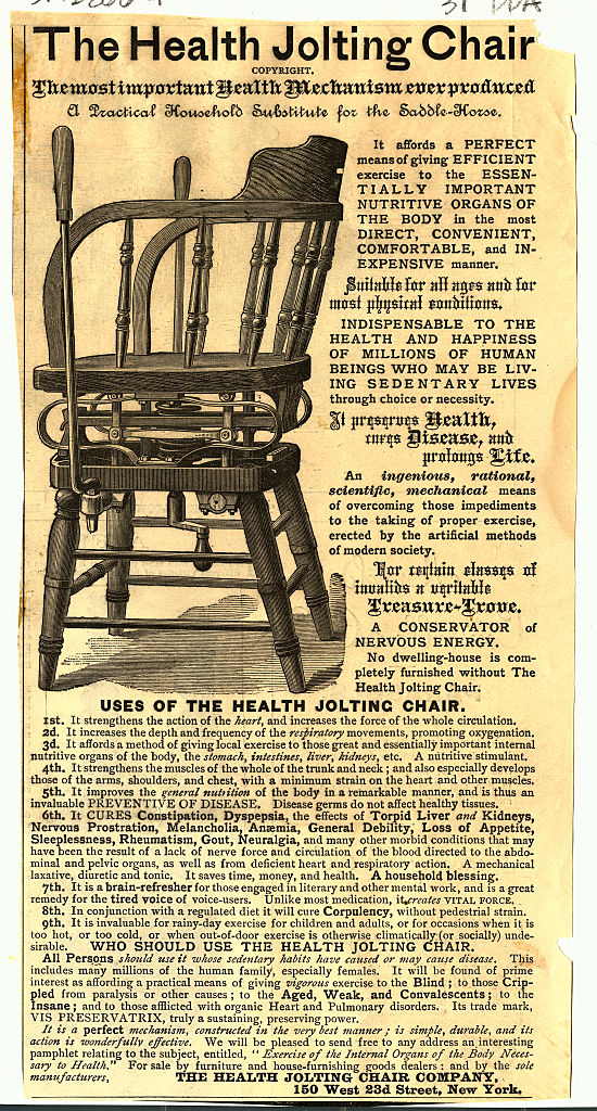An for "The Health Jolting Chair," promoting its health benefits, such as improving blood circulation and treating various ailments. Includes testimonials and usage tips