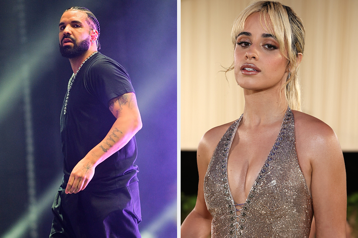 Drake performing on stage; Camila Cabello posing in a sparkly, plunging dress