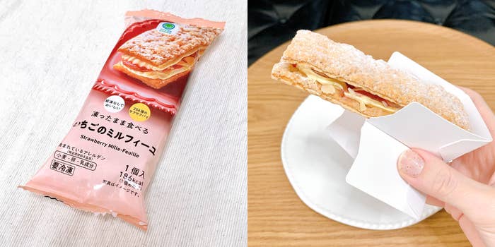 ストロベリーミルフィーユのパッケージ写真と、白い皿の上に置かれたストロベリーミルフィーユを手に持っている人の写真。