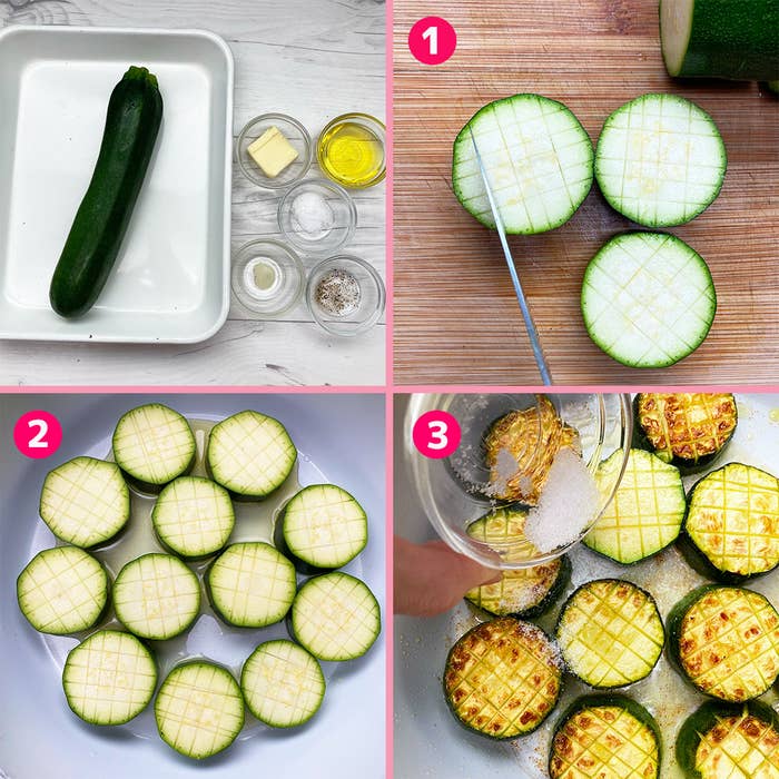 ズッキーニを使った料理の手順を示す画像。ズッキーニを切り、調味料を加えて焼くプロセスが3段階で説明されている。