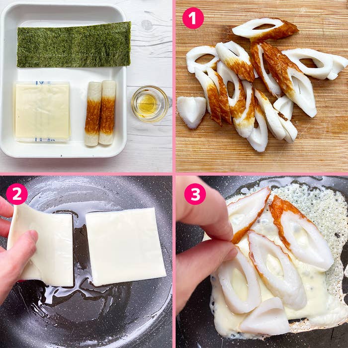 海苔、プロセスチーズ、ちくわ、ゴマ油を使ったレシピの三段階の手順。1. ちくわを切る。2. チーズをフライパンで加熱。3. チーズとちくわを包む。