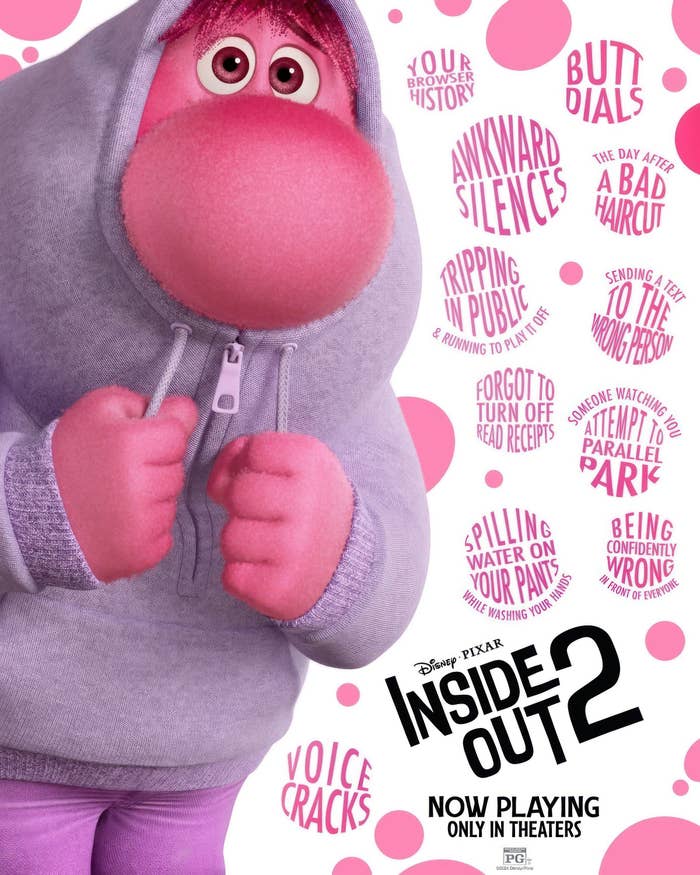 Animated character Embarrassment wearing a hoodie is surrounded by text highlighting awkward incidents, with "Disney Pixar Inside Out 2" in the bottom center