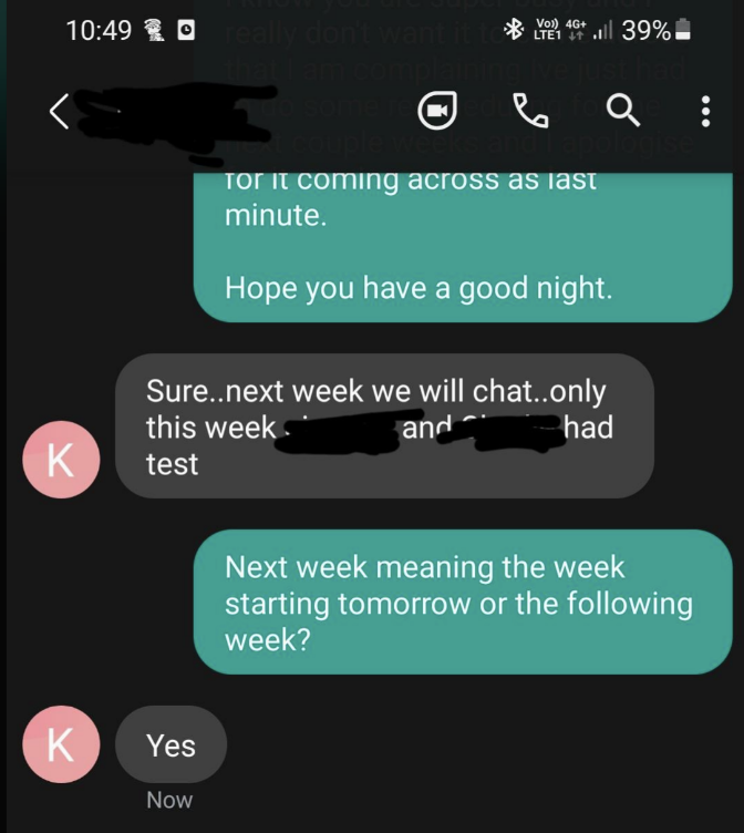 Text conversation discussing scheduling a chat next week, with confirmations back and forth