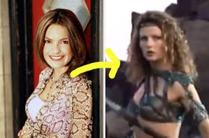 Mariska Hargitay, arrow pointing to Queen Dulcea in Mighty Morphin Power Rangers: The Movie