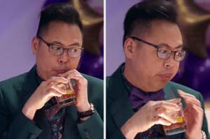 Bowen Yang is seen in two side-by-side images, sipping and holding a drink, dressed in a patterned shirt and blazer