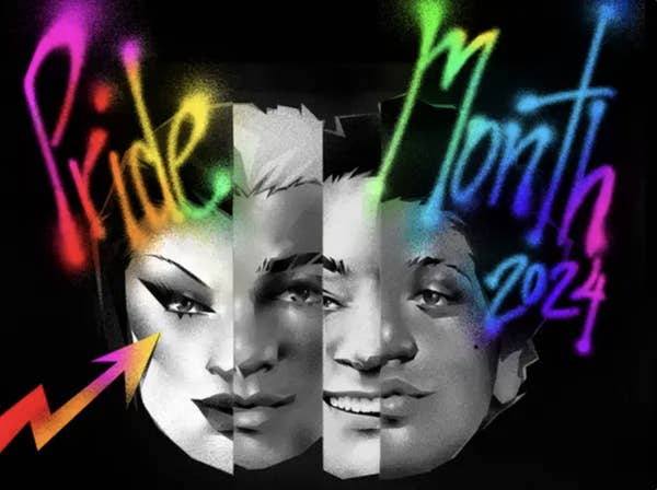 Text reads, &quot;Pride Month 2024&quot; in colorful graffiti-style lettering, with black and white portraits of diverse faces in the background