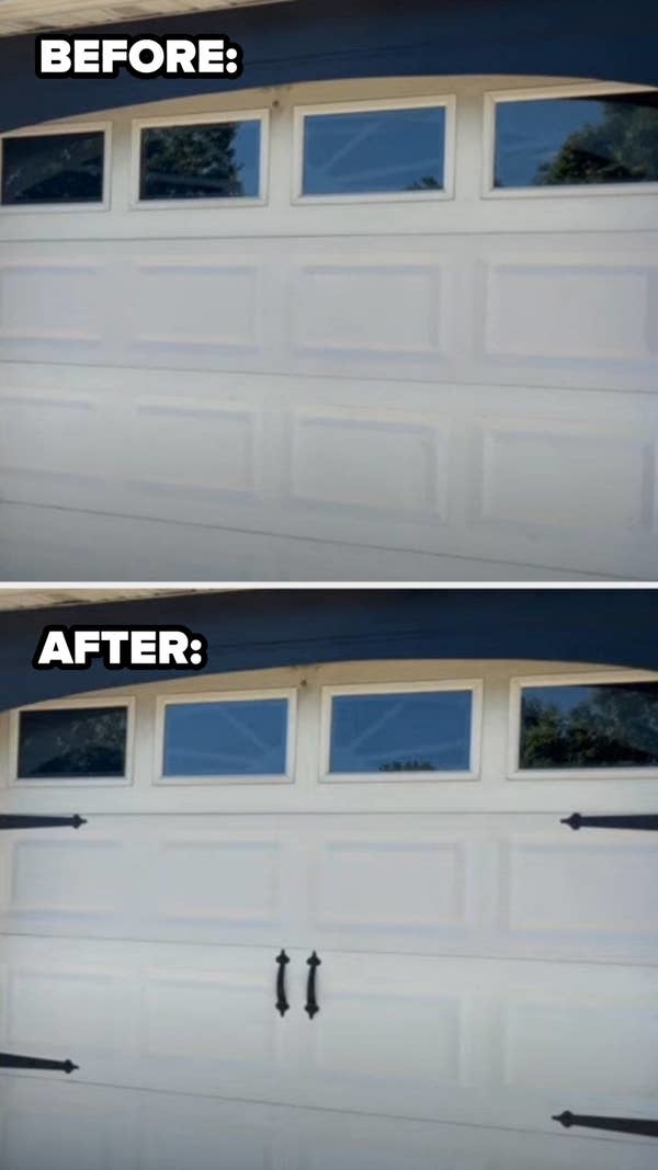 Before and after images of a garage door. The "before" image shows a plain garage door, while the "after" image shows the same door with added decorative handles and hinges