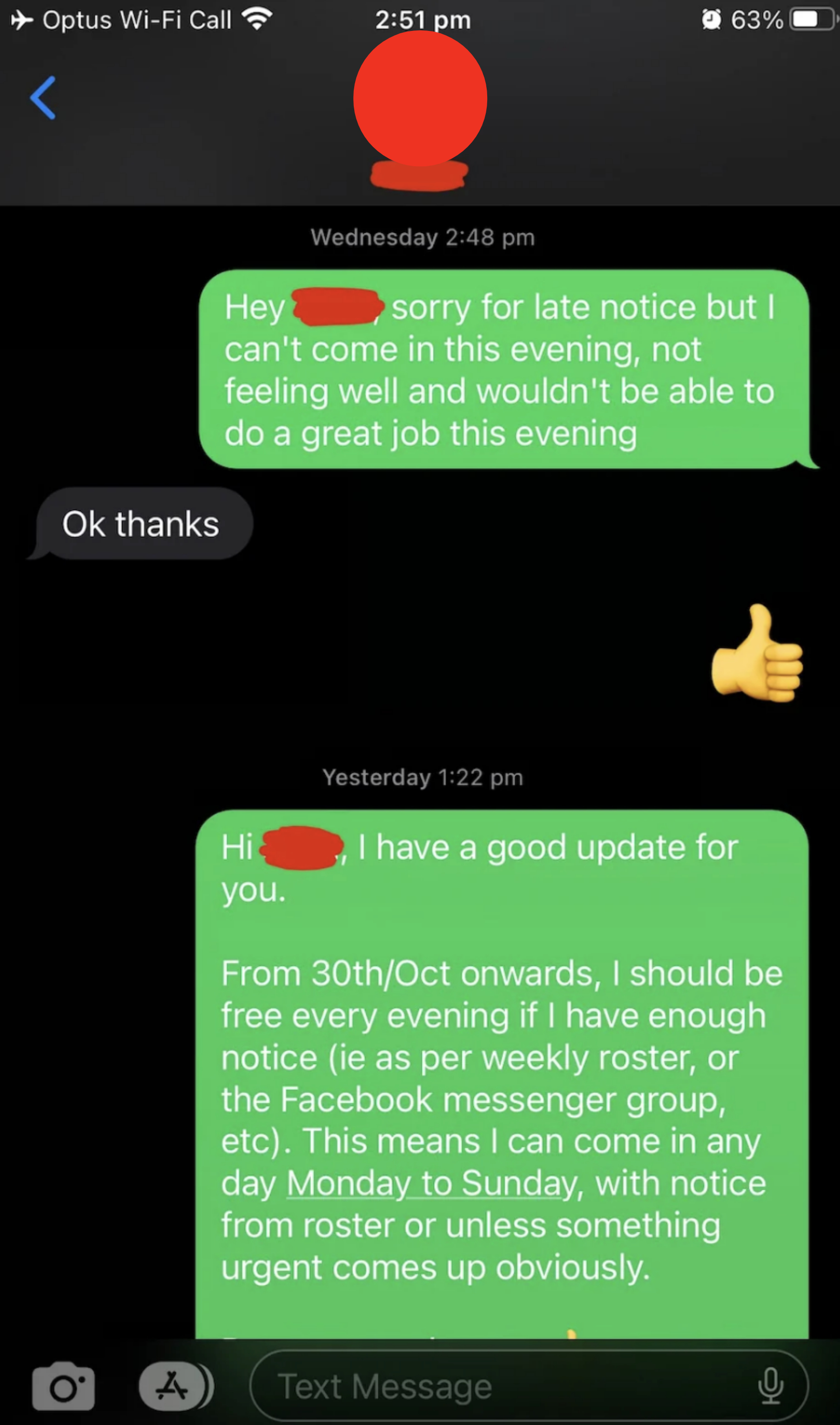 A text message exchange where one person explains they can't come in to work due to illness, and the other person confirms receipt; another message discusses a new work schedule starting from October 30th with flexible availability