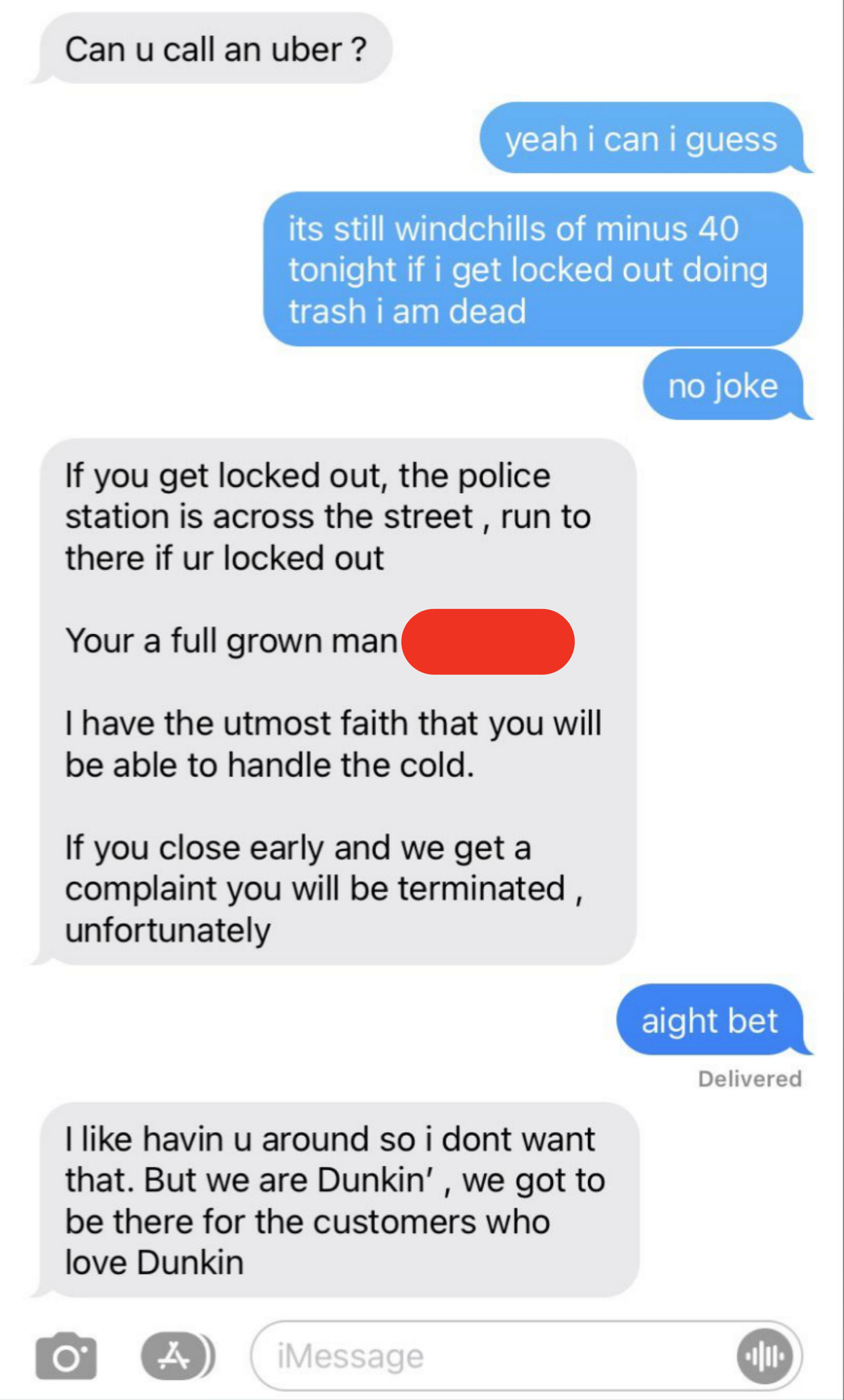 Text conversation about enduring cold weather and the possibility of being locked out. Employer advises on locking procedures and emphasizes the importance of staying available for work