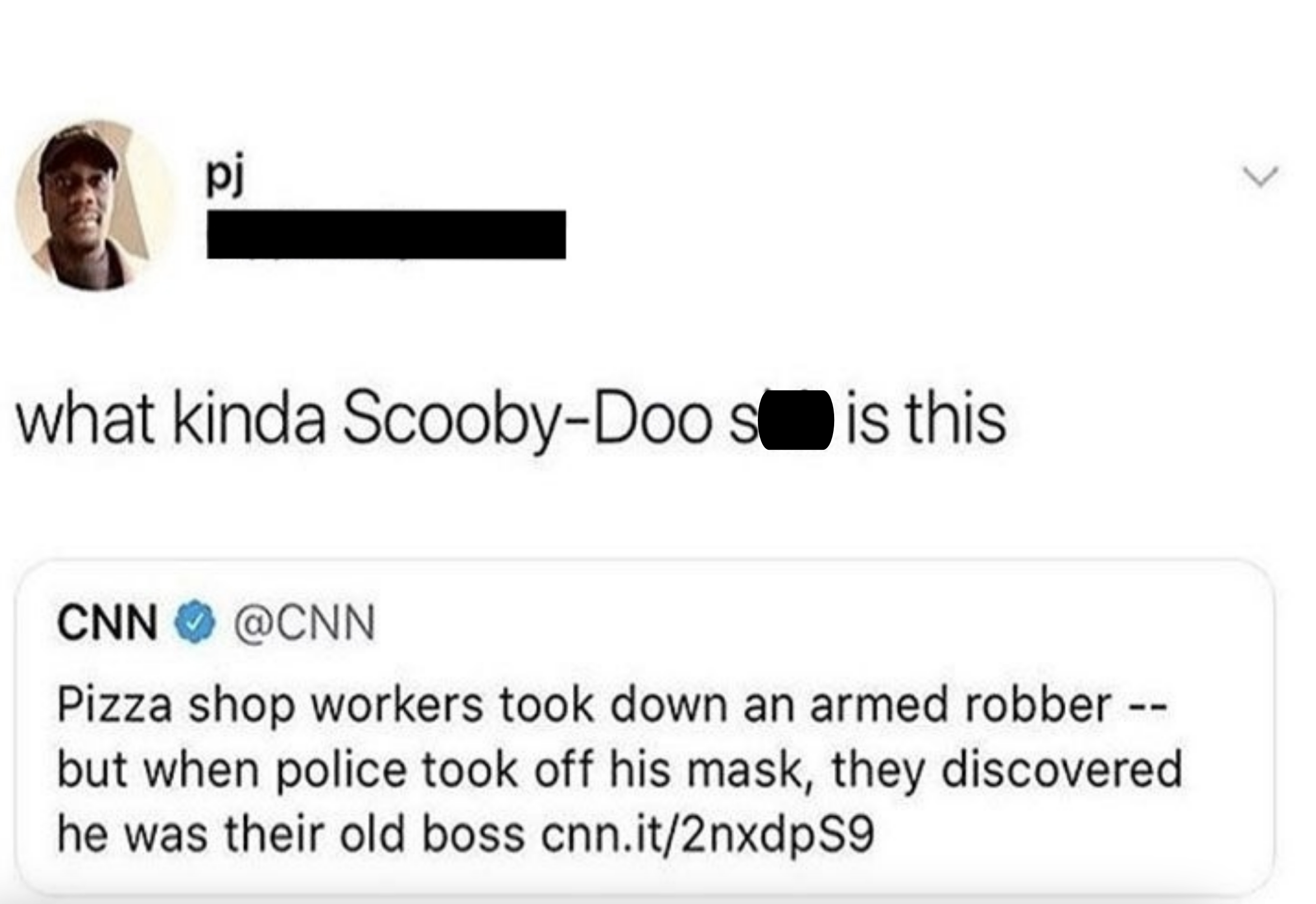 Tweet by user pj: "what kinda Scooby-Doo shit is this;" A CNN tweet reads: "Pizza shop workers took down an armed robber but when police took off his mask, they discovered he was their old boss"