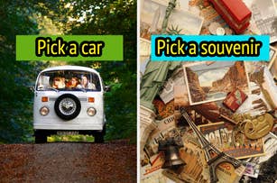 Two-image collage. Left: Three people driving a vintage van. Caption: "Pick a car." Right: Various souvenirs like postcards, mini Statues of Liberty, and a keychain. Caption: "Pick a souvenir."
