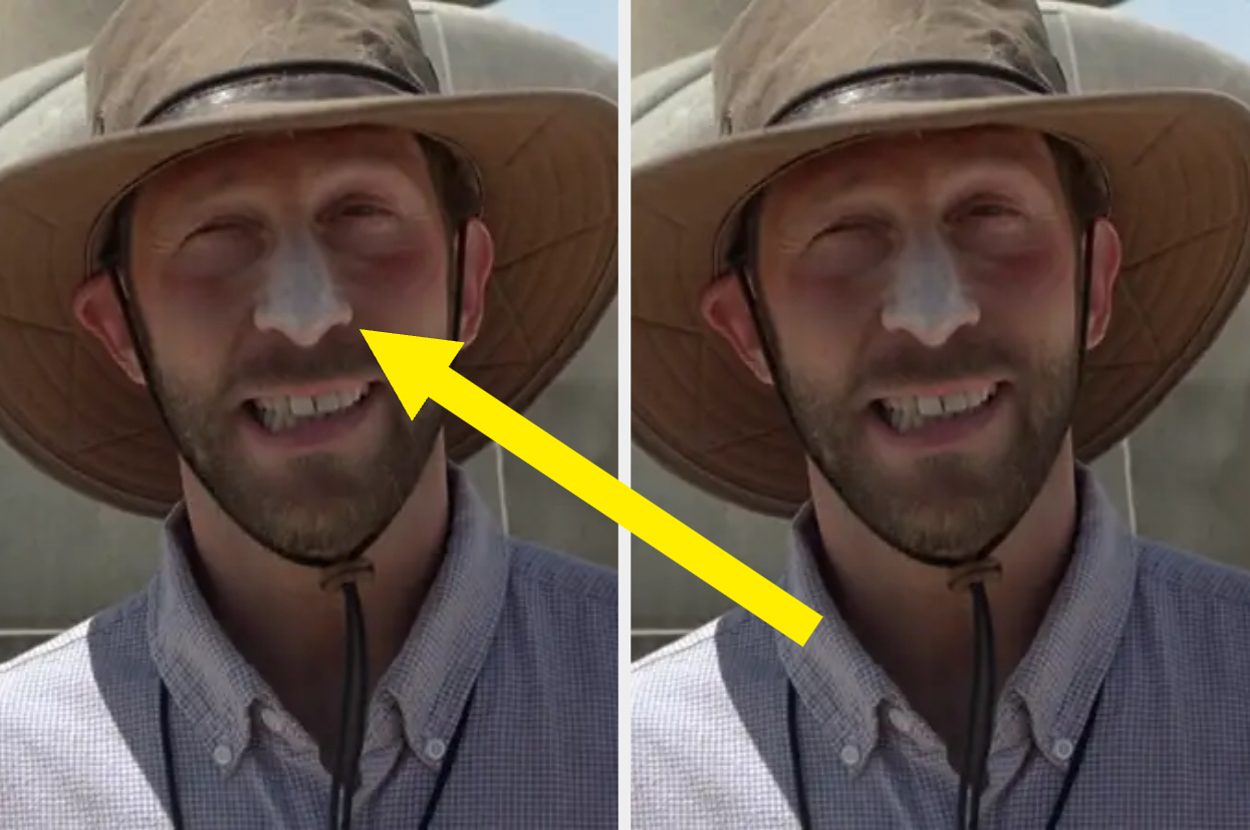 A person is outdoors in a wide-brimmed hat with white sunscreen on their nose. A yellow arrow points to the sunscreen on the person's nose