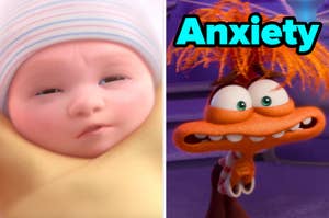 On the left, baby Riley from Inside Out, and on the right, Anxiety from Inside Out 2