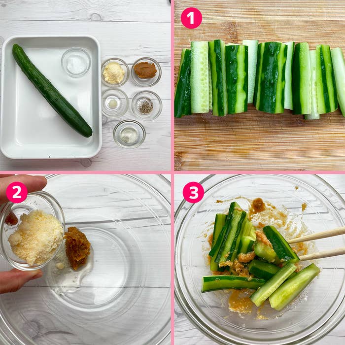 きゅうりを切り、調味料と混ぜる手順を示す4コマ写真。