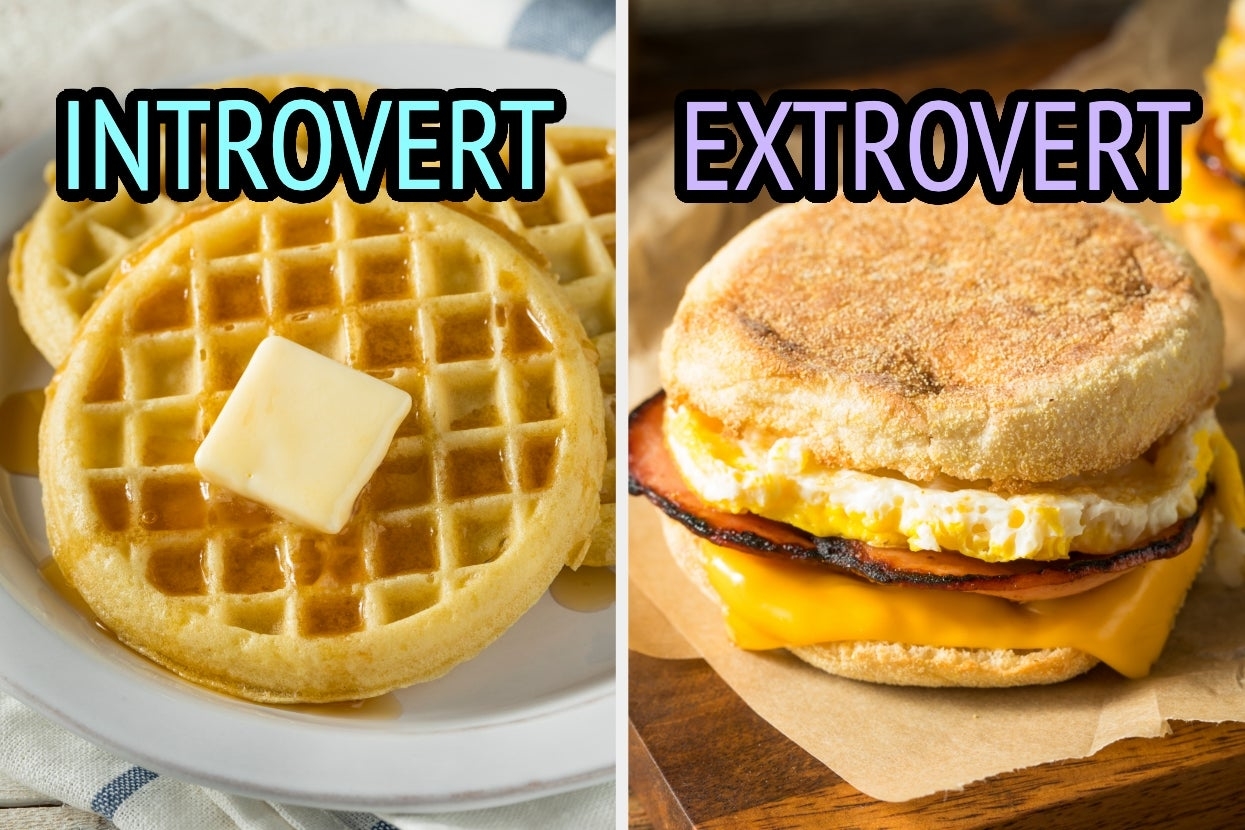 On the left, waffles topped with syrup and a pat of butter labeled introvert, and on the right, a breakfast sandwich labeled extrovert