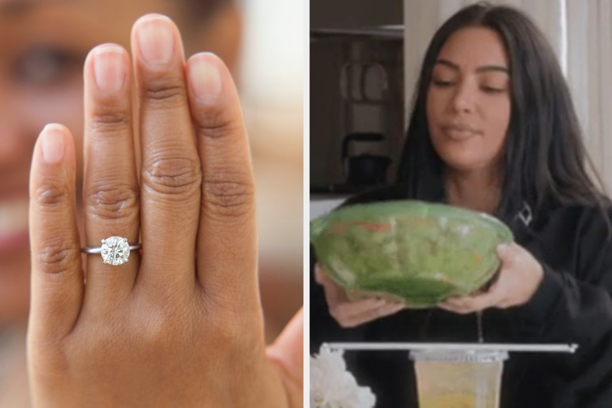 On the left, someone showing off their engagement ring, and on the right, Kim Kardashian shaking a bowl of salad