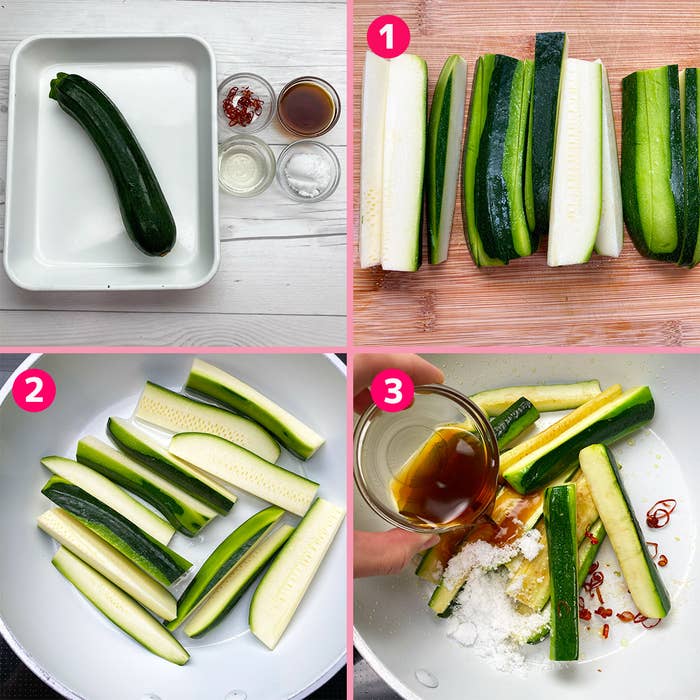 ズッキーニを調理する手順を示す4コマの画像。1. ズッキーニを棒状に切る。2. 切ったズッキーニをボウルに入れる。3. 調味料を加える。