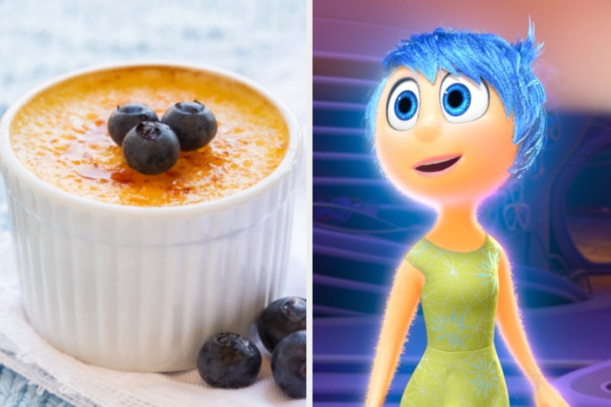 On the left, a ramekin of crème brûlée garnished with blueberries, and on the right, Joy from Inside Out
