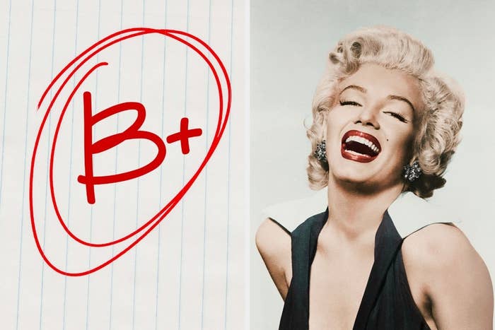 On the left, a paper with B plus written on it, and on the right, Marilyn Monroe
