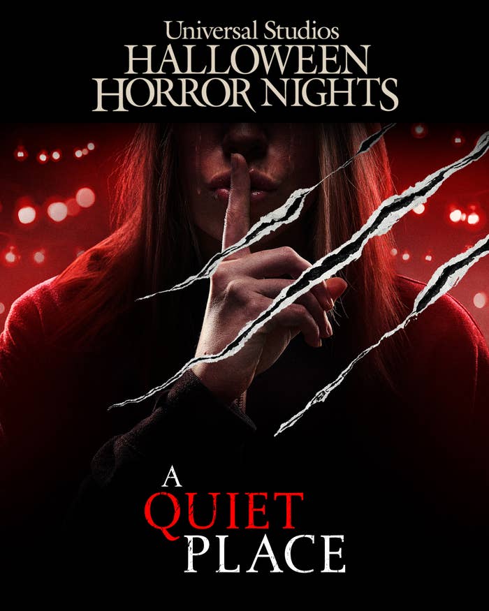 Universal Studios Halloween Horror Nights poster for &quot;A Quiet Place&quot; with a person holding a finger to their lips, suggesting silence