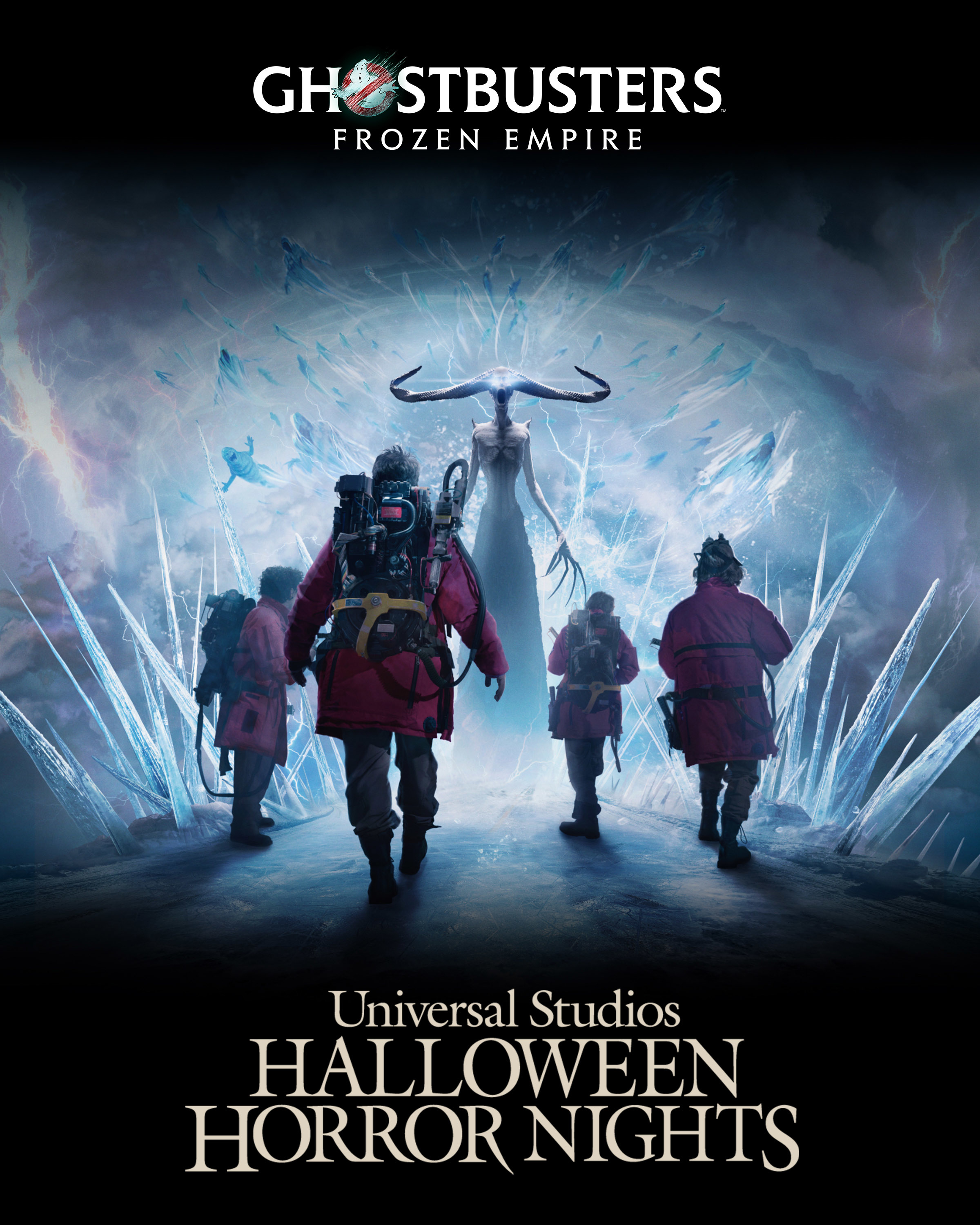 Promotional poster for &quot;Ghostbusters: Frozen Empire&quot; at Universal Studios Halloween Horror Nights, showing ghostbusters walking towards a ghostly figure amidst icy shards