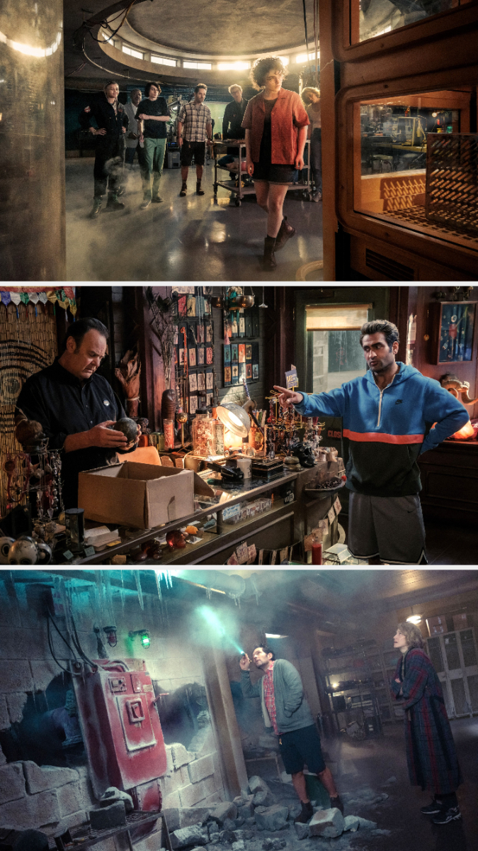 Scene from &quot;Reservation Dogs&quot;: Characters in various settings including a dim underground room, a cluttered store, and a graffiti-decorated basement