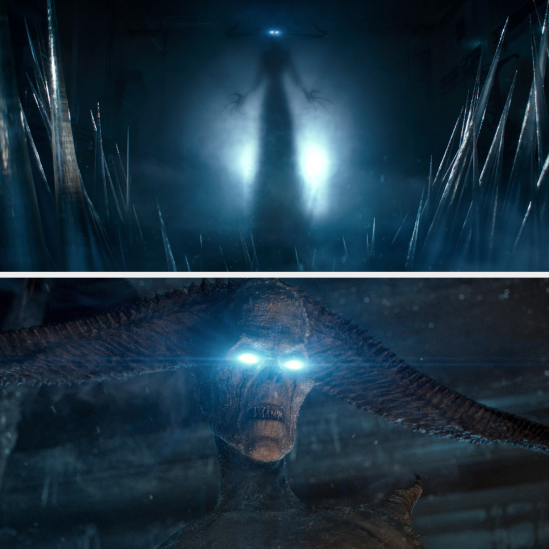 A dark, eerie scene from the show &quot;Stranger Things&quot; featuring the menacing monster Vecna with glowing blue eyes, standing among sharp, icy spikes