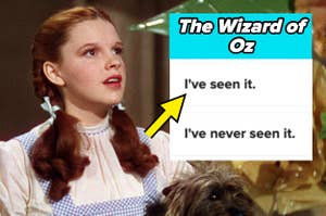 Dorothy from The Wizard of Oz, played by Judy Garland, looking surprised. Next to her is a poll with options: "I've seen it" and "I've never seen it."