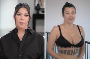 Kourtney Kardashian is seen in a split image: left, she's seated indoors in a black shirt; right, she's standing in a black sports bra and shapewear