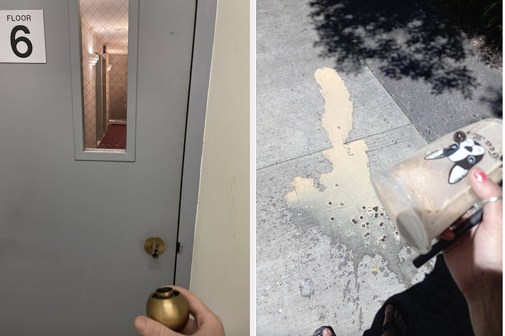 Left: Mouse with croissants in a paper bag. Text: &ldquo;left their food unattended for two minutes.&rdquo; Right: Ruined vest from a washing machine. Text: &ldquo;washing machine ruined their vest hours before wedding.&quot;