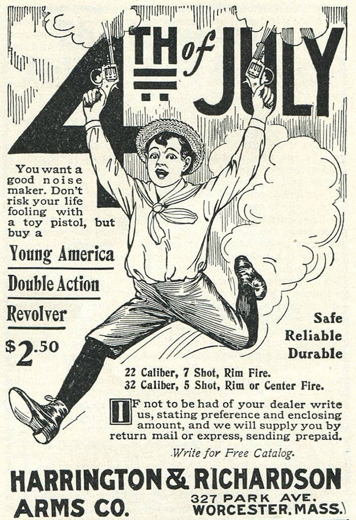 Vintage for Harrington & Richardson Arms Co., promoting a Young America double-action revolver for $2.50, with safety and durability emphasized