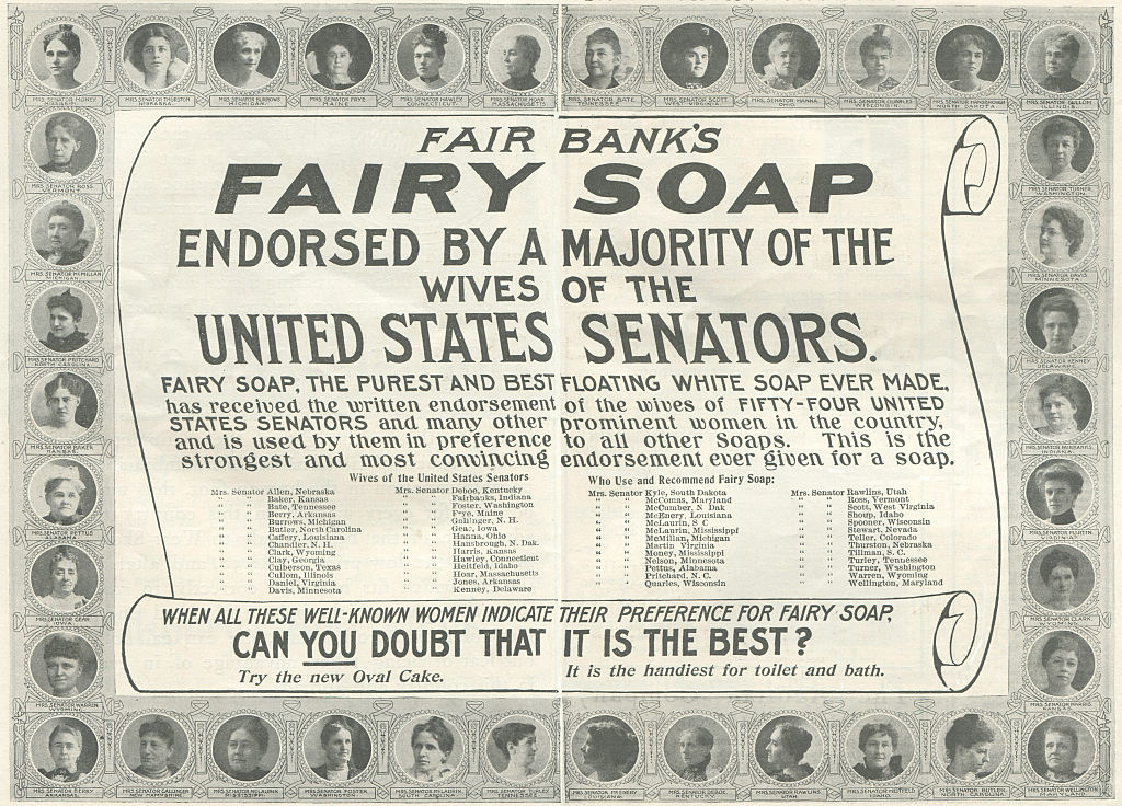 Vintage titled "Fairy Soap" claiming endorsement by U.S. Senators' wives. The ad includes portraits of women, stating Fairy Soap is the best choice for toilet and bath