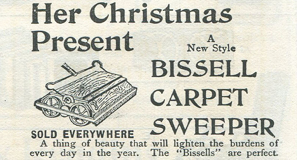 Vintage for a Bissell carpet sweeper, highlighting it as a perfect Christmas present that "lightens the burdens of every day in the year."