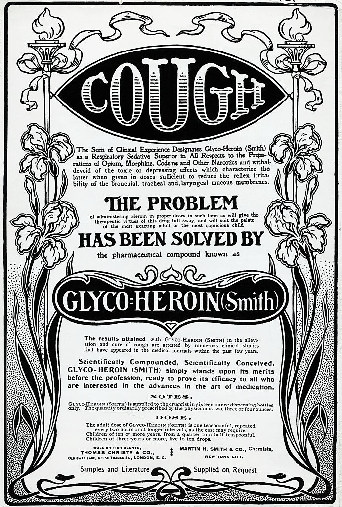 Vintage pharmaceutical for Glyco-Heroin (Smith) promoting its use for coughs and respiratory conditions, emphasizing its effectiveness and scientific formulation