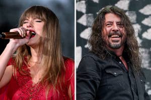 Taylor Swift sings into a microphone wearing a stylish outfit. Dave Grohl smiles while wearing a casual black shirt
