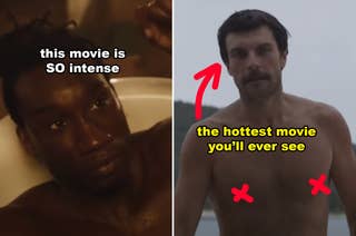 Split image with actors in a bathtub and shirtless outdoors. Text: 