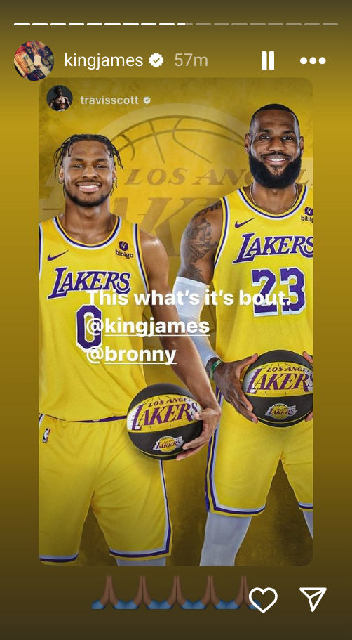 LeBron James and Bronny James, both wearing Los Angeles Lakers jerseys, hold basketballs and smile. Text reads, &quot;This what’s it&#x27;s bout @kingjames @bronny.&quot;