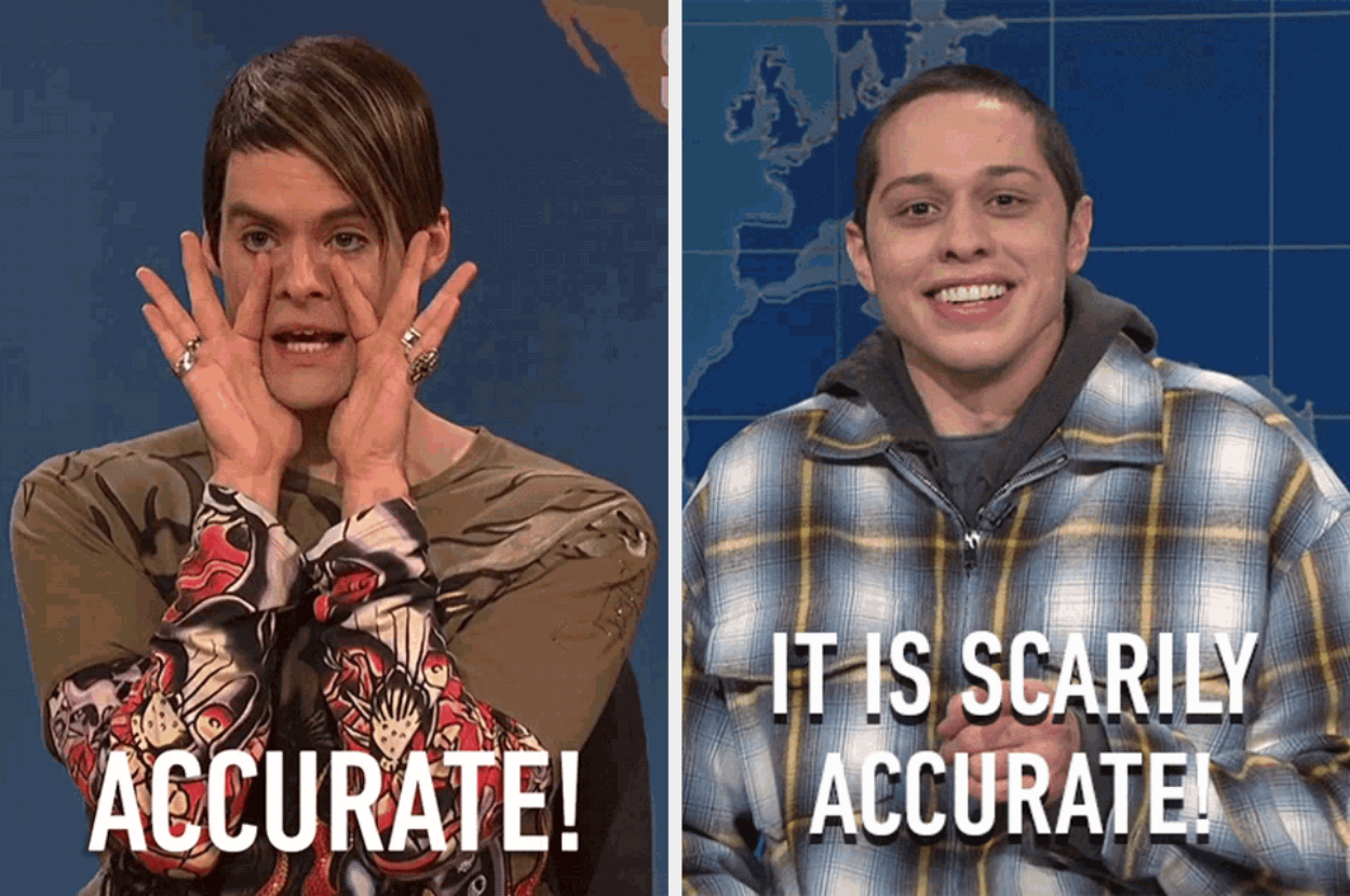 On the left, Bill Hader as Stefon with the text "ACCURATE!". On the right, Pete Davidson with the text "IT IS SCARILY ACCURATE!". Both perform on a news show set