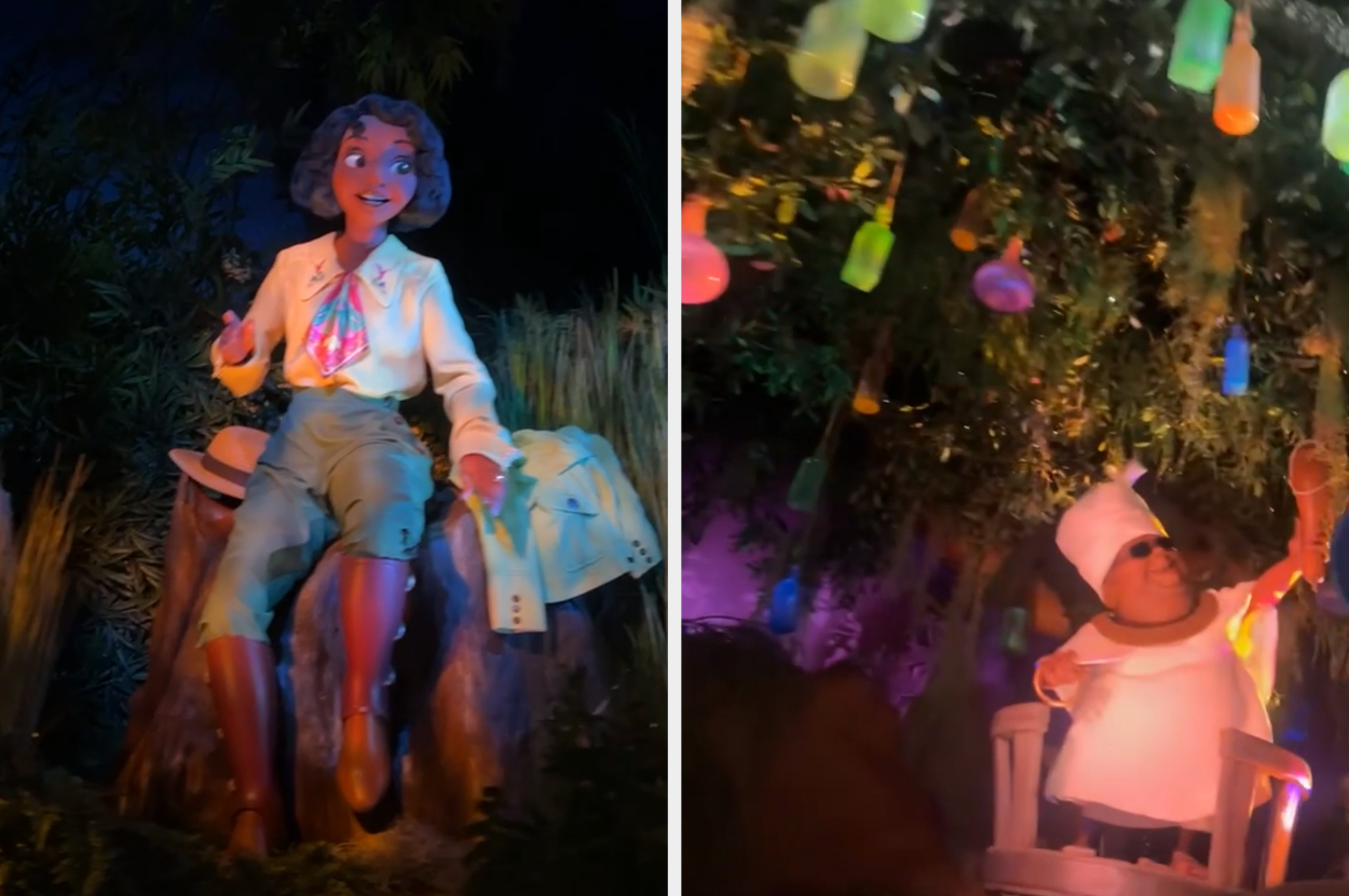 Image of Disney characters. Left: Mirabel from Encanto sitting on a log. Right: Chef Gusteau from Ratatouille holding a ladle