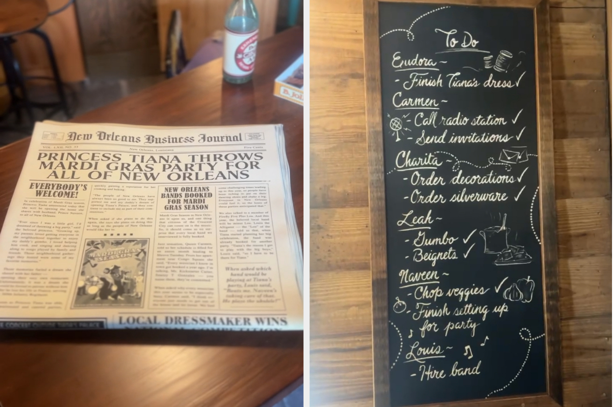 A New Orleans Business Journal newspaper features a story about Princess Tiana organizing a Mardi Gras party. Beside it is a to-do list on a chalkboard