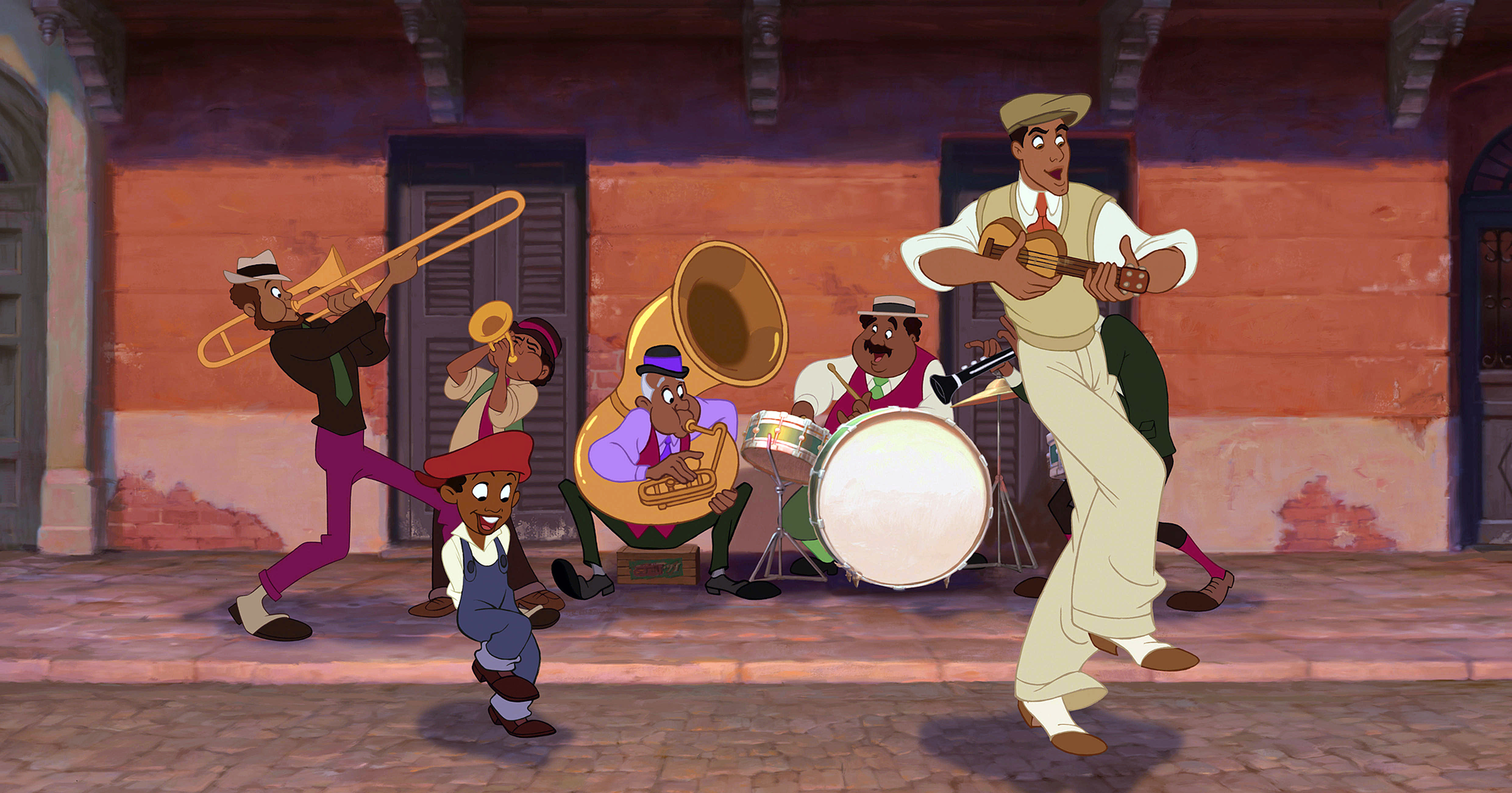 Animated scene from &quot;The Princess and the Frog&quot; featuring Tiana, Prince Naveen, and a lively jazz band playing instruments on a street