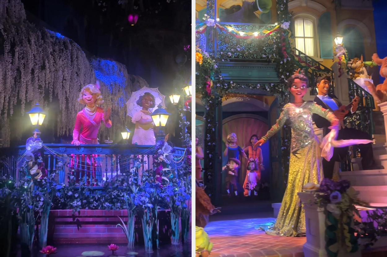 A scenic shot from Disneyland attractions, featuring live-action depictions of Elsa from Frozen in a pink dress and Tiana from The Princess and the Frog in a glittery dress