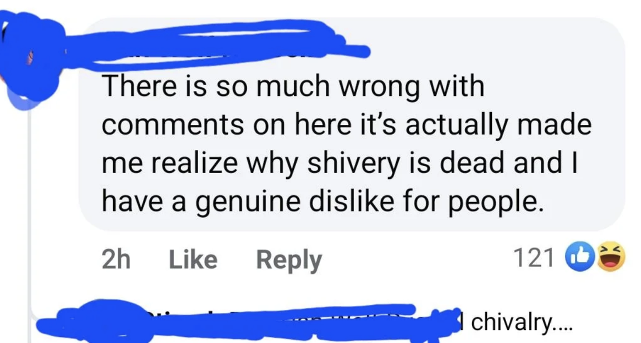 Screenshot of a Facebook comment reading, "There is so much wrong with comments on here it’s actually made me realize why shivery is dead and I have a genuine dislike for people."