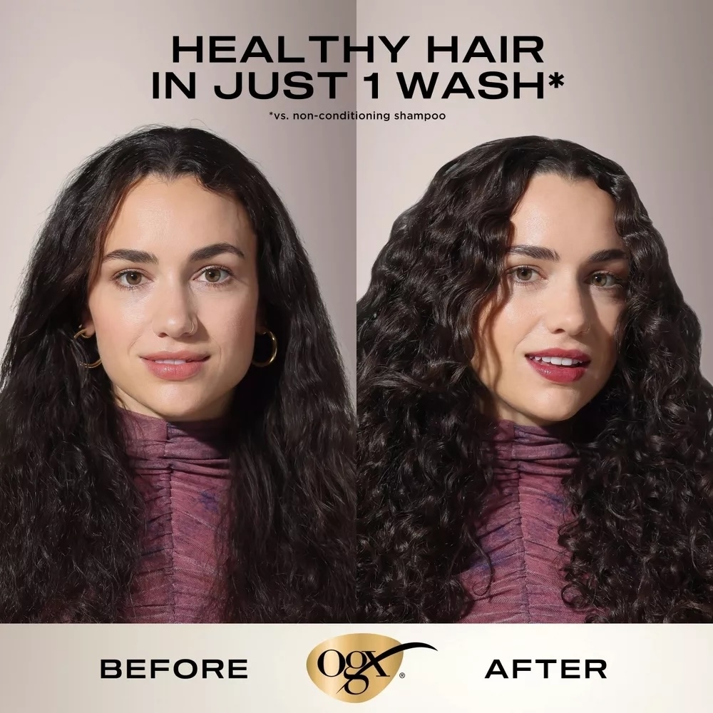 A model with wavy hair appears in a before-and-after split-screen comparison for an OGX hair product. The text reads "Healthy Hair in Just 1 Wash* (*vs. non-conditioning shampoo)."